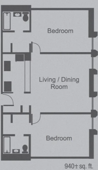 A diagram of a floor plan shows a living/dining room and three bedrooms.